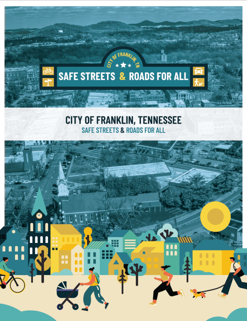 Safe Streets Franklin SAP Cover and illustration of people in a city walking, running, and riding bikes.